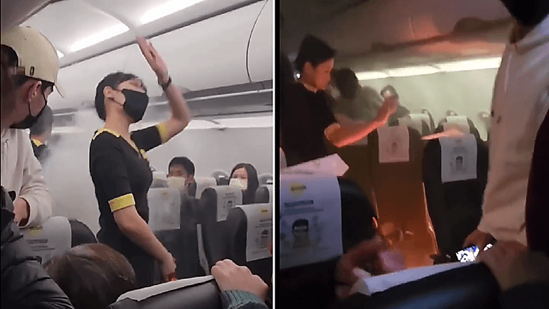 شاهد.. لحظة حدوث حريق بطائرة بعد انفجار بطارية شحن الجوال