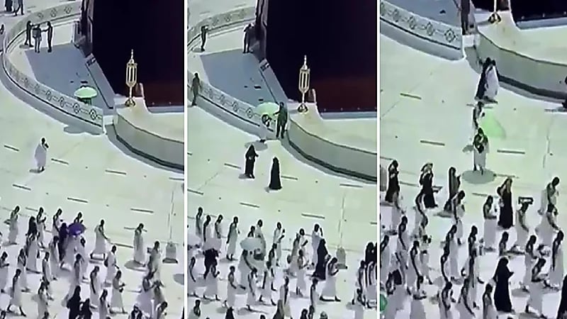 بالفيديو .. موقف نبيل لرجل أمن وهب مظلته لمعتمر أرهقته أشعة الشمس