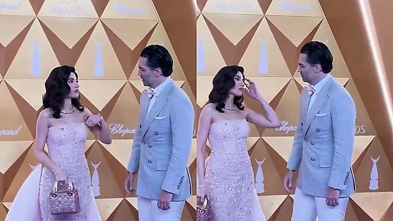 لحظة عفوية تظهر غيرة زوج نارين بيوتي بسبب الفستان في Joy Awards .. فيديو