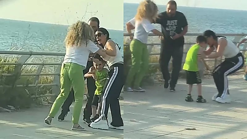 الفنانة اللبنانية ماغي بو غصن تتشاجر مع سيدة تضرب ابنها في الشارع .. فيديو