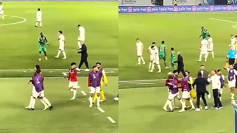 لاعبوا العراق يهاجمون دكة الأخضر بعد الهدف الثالث .. فيديو