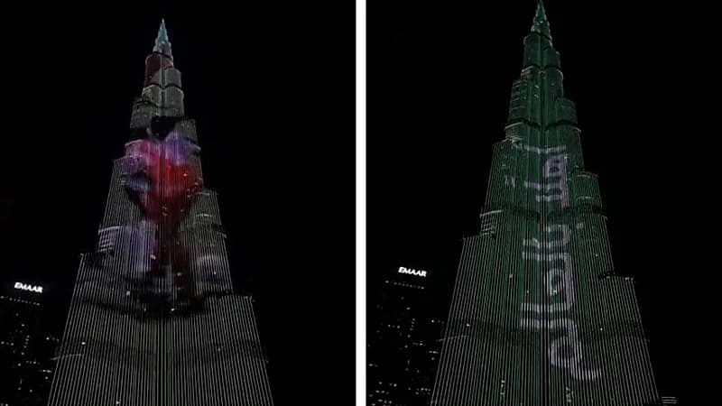 برج خليفة يضيء سماء دبي احتفالًا باستضافة المملكة للمونديال .. فيديو