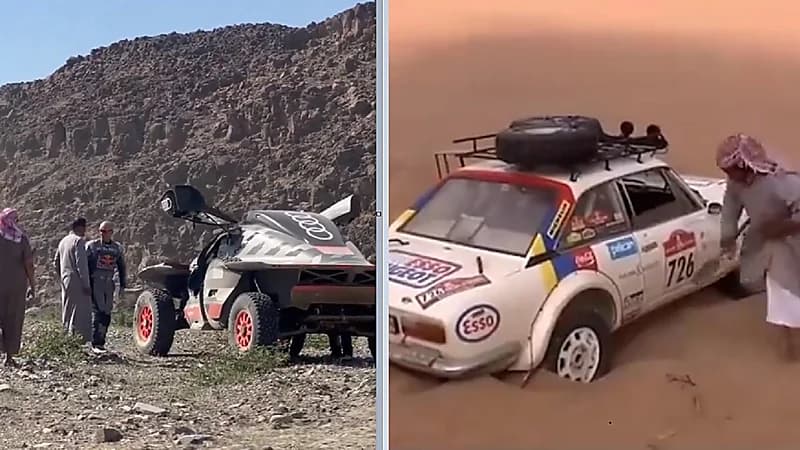 شبان سعوديون يساعدون متسابقا في رالي داكار بعد تعطل سيارته .. فيديو