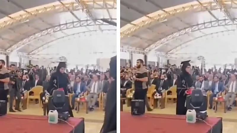 لحظة سقوط الدرع التذكاري من عقيلة الرئيس السوري بحفل تخرجها .. فيديو