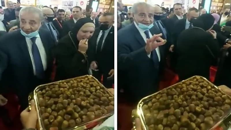 شاهد.. وزير التموين المصري لأحد العاملين داخل الجناح السعودي:"خسرتك تمرتين"