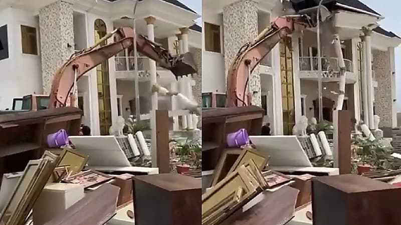 بالفيديو.. زوج يهدم قصره انتقاما من زوجته