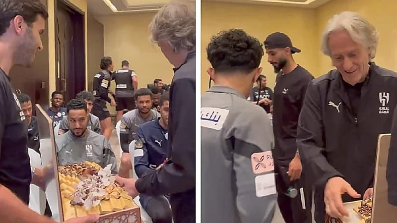 مدرب الهلال يحتفل بعيد الفطر مع لاعبي فريقه ويعيد عليهم .. فيديو