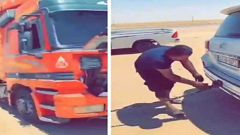 شاهد.. لحظة سحب مركبة "جيب" لأخرى "تريلا" محملة بسيارات بعد تعطلها المفاجئ