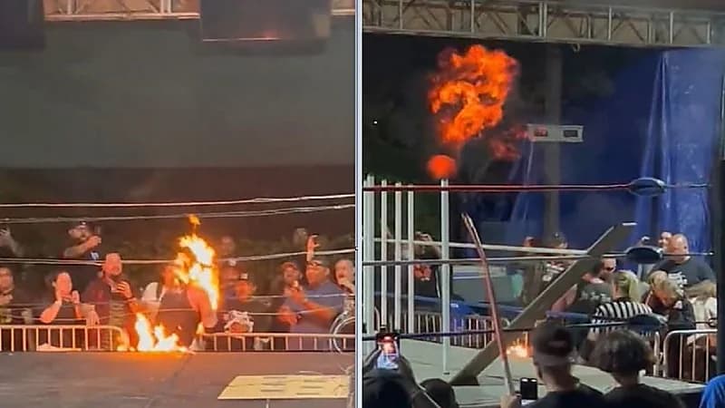 فيديو..مصارع يشعل النيران في نفسه بالخطأ
