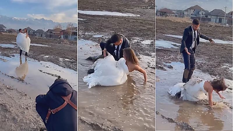 فيديو طريف لعريس يسقط عروسه في الوحل أثناء جلسة تصوير