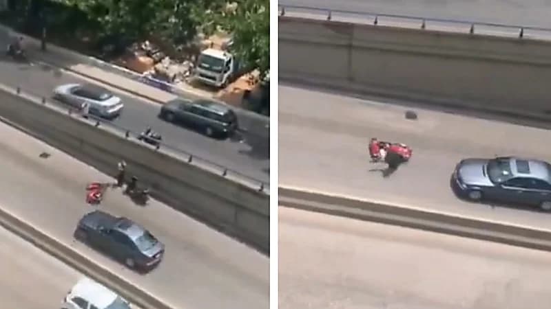 مشهد مروع لإنزلاق دراجة نارية بشكل مفاجئ بلبنان .. فيديو
