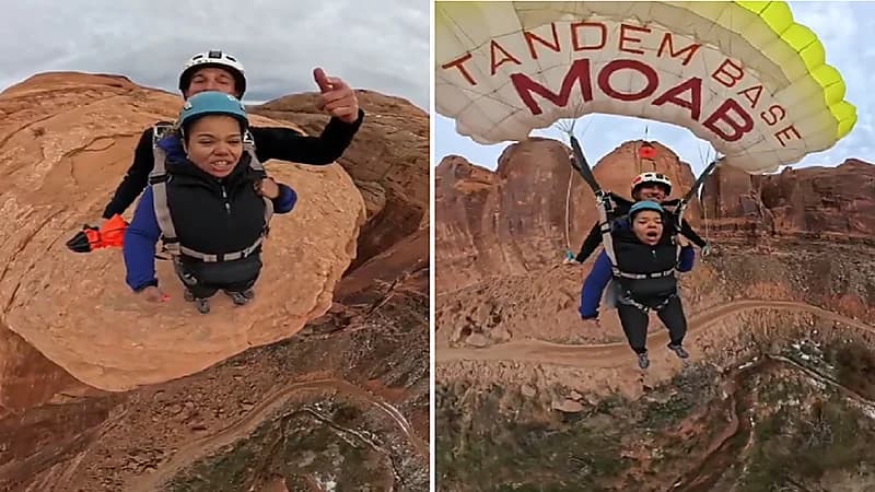 موظفة تقفز من أعلى قمة جبلية احتفالاً بتقاعدها.. فيديو