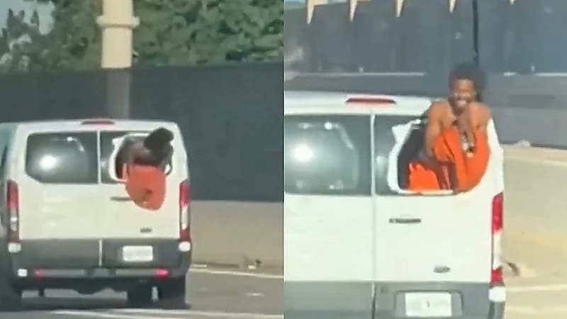 محاولة هروب غريبة لسجين من نافذة مركبة .. فيديو