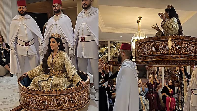 لجين عمران تخطف الأنظار بالقفطان المغربي وهي فوق العمارية كالعروس .. فيديو