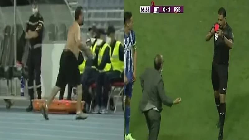 بالفيديو.. مدرب مغربي ينزع قميصه احتجاجًا على حكم المباراة
