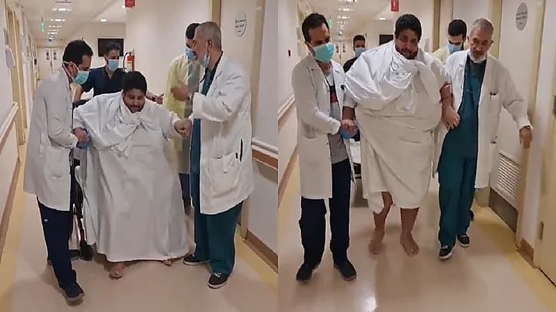 شاهد.. منصور الشراري يمشي على قدميه بعد فقدانه الوزن